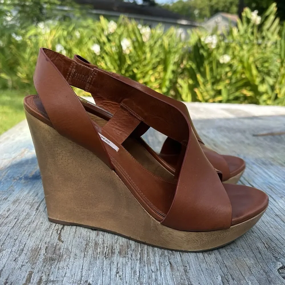 Diane Von Furstenberg Camel Wood Wedge Crossover Heels Women’s 9.5 - 999